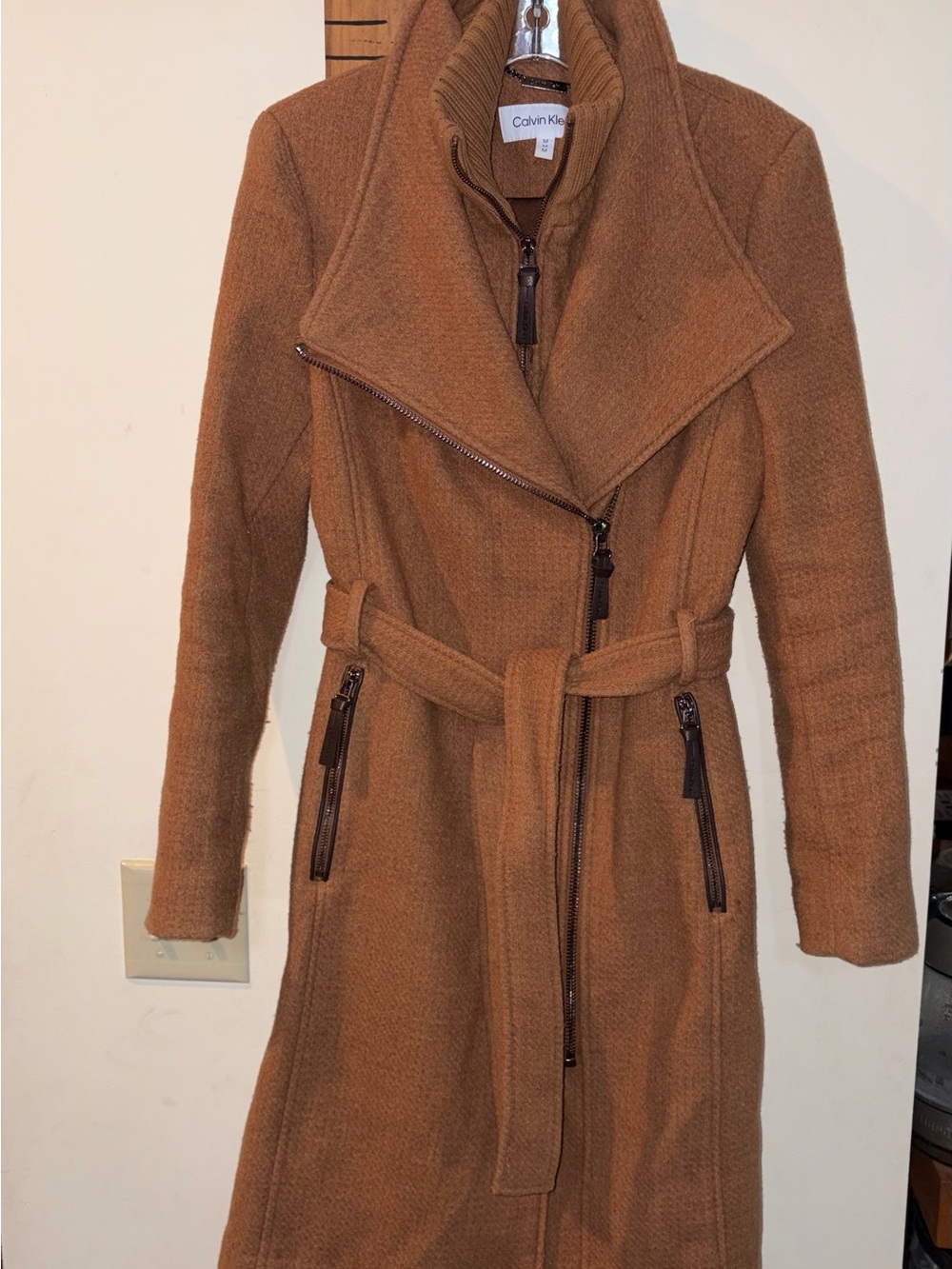 Calvin Klein Camel Brown Belted Wool-Blend Trench Coat